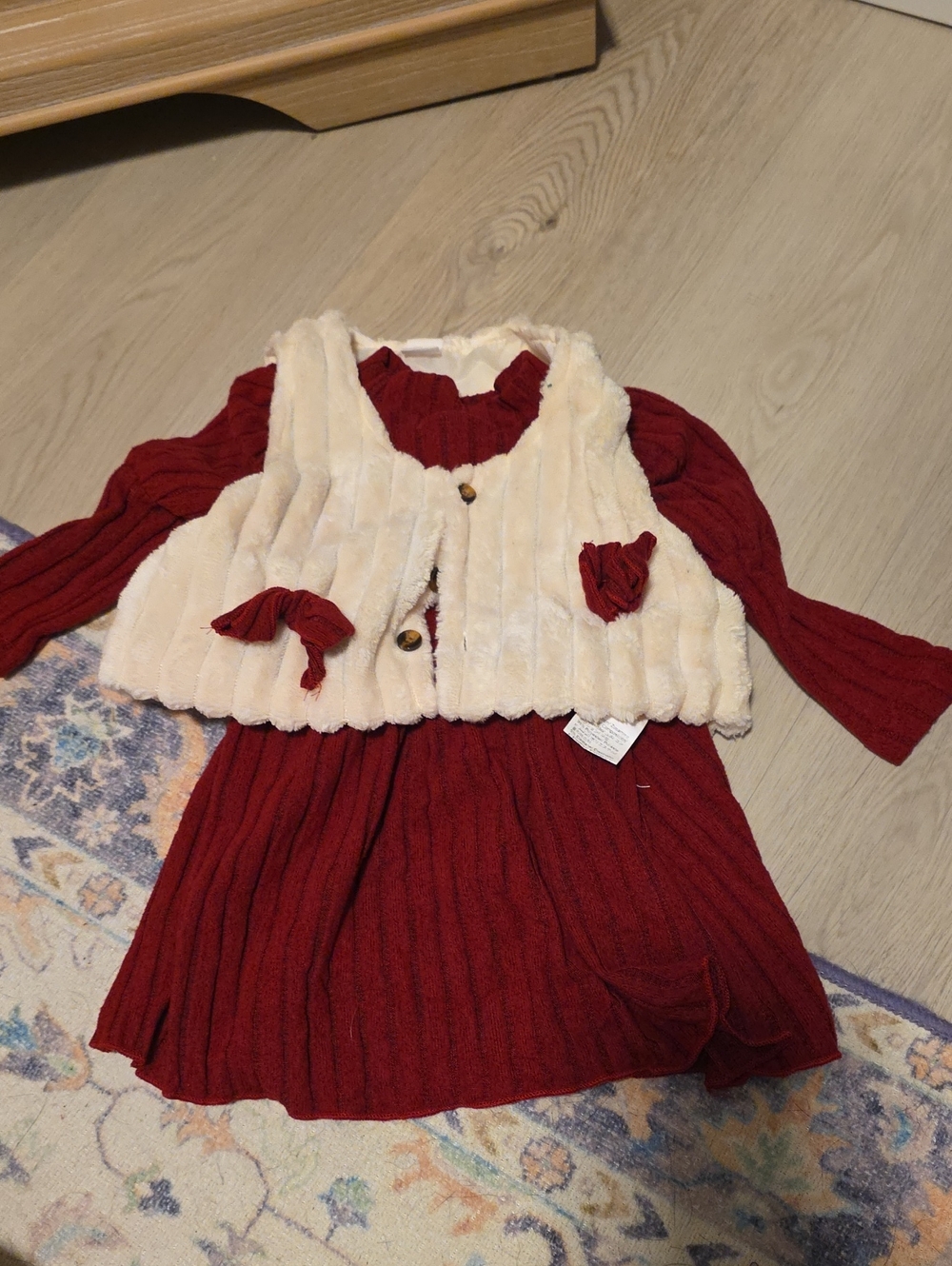 SHEIN Red Knit Dress with Cream Faux Fur Vest Kids Matching Set